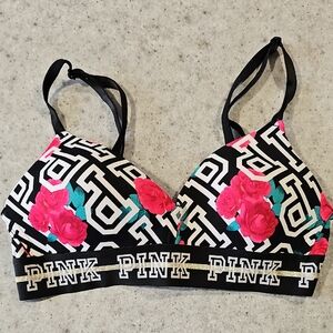 PINK Victoria's Secret 32A Black and Pink Wear Evertywhere Wireless Floral Bra